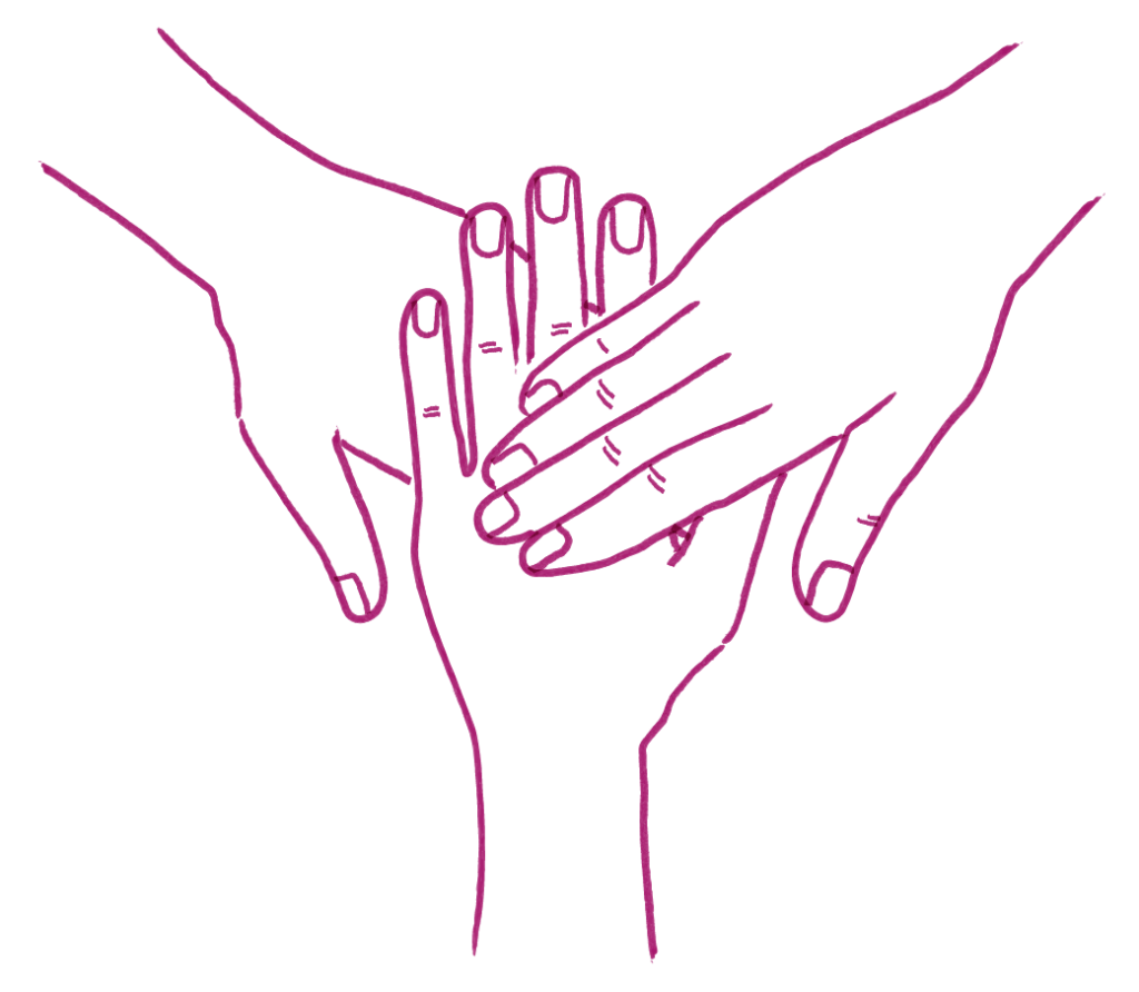 Illustration of three hands placed on top of each other